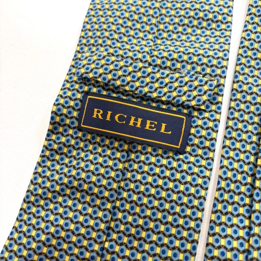 Richel Necktie‎ Blue Yellow Geometric Honeycomb Silk Hand Made Spain